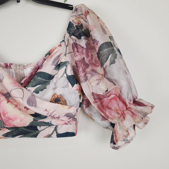 a peach Size S Floral Boho Pink Multi Short Puff Sleeves Crop Top - Picture 3 of 8
